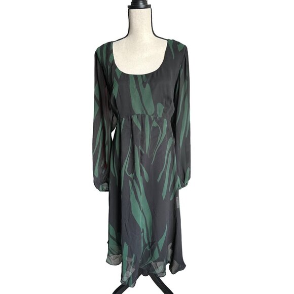 NWT Bella Blue Green Black Dress Midi Sheer Long Sleeves Abstract Pattern 14W - Picture 1 of 6